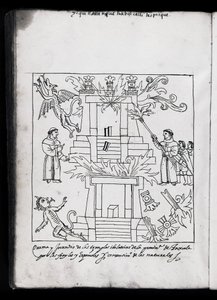 MS Hunter 242 f.240v 《焚烧神庙，特拉斯卡拉》，插图来自迭戈-穆诺斯-卡马戈的《特拉斯卡拉历史》（纸上笔墨）。 作者 墨西哥学校