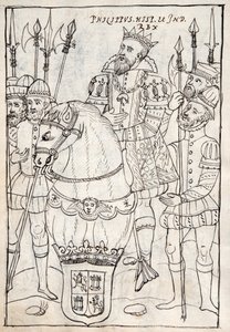 MS Hunter 242 f.249v菲利普二世坐在马背上，穿着金羊毛的命令，周围是男人的手臂，来自特拉斯卡拉历史的插图来自Diego Munoz Camargo（钢笔墨水） 作者 墨西哥学校