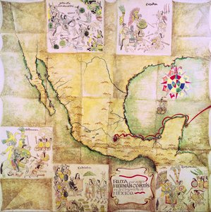在征服墨西哥期间，Hernando Cortes（1485-1547）之后的路线地图