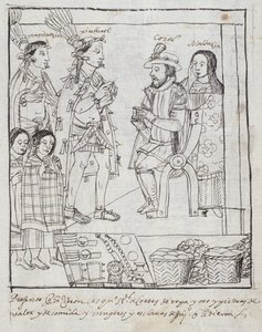 Montezuma遇见Cortez女士亨特242 f.255r征服墨西哥，来自特拉斯卡拉历史学家Diego Munoz Camargo