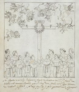 Hunter女士242 f.239v第一个十字架的建造，来自特雷斯卡拉历史学院的Diego Munoz Camargo 作者 墨西哥学校