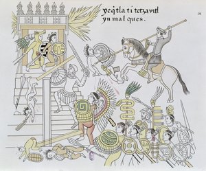 埃尔南·科尔特斯的“偶像的燃烧”，插图来自墨西哥印第安人图片历史Lienzo de Tlaxcala的传真，1850年，1592年（彩色雕刻） 作者 墨西哥学校