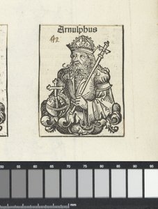 克恩顿州的阿努尔夫（Arnulf of Carinthia），摘自纽伦堡的哈特曼·斯卡尔（Hartmann Skull）的“ Liber Chronicarum” 作者 迈克尔（沃尔杰穆特（Wolgemut）或沃尔吉姆斯（Wolgemuth）