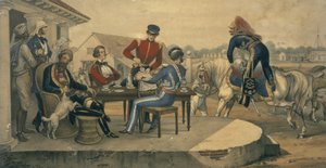 印度军事驻地的咖啡聚会，约 1850 年（彩色版画）