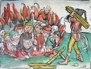 1338年从世界Schedels纪事报（The Schedels Chronicle of the World）于1338年在Deggendorf烧犹太人。