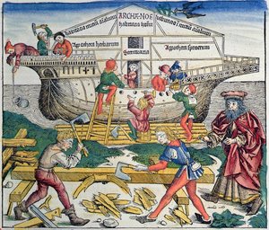 诺曼方舟的建筑，纽伦堡纪事报，Hartmann Schedel，1493年（彩色木刻）