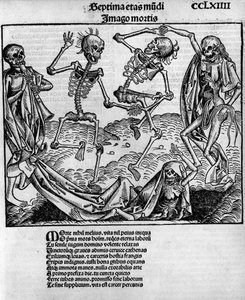 恐怖的舞蹈场景，有骷髅，--载于《纽伦堡编年史》，作者Hartmann Schedel（1440-1514），由Anton Koberger在纽伦堡编辑，7月12日 作者 迈克尔（Michael）和Pleydenwurff W.（卒于1494年）Wolgemuth