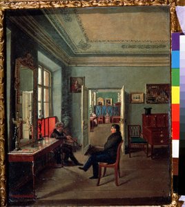 Dans la chambre（在房间里）。两个男人在中产阶级的室内交谈，女人在另一个房间。画家米哈伊尔-费奥多罗维奇-达维多夫（19 世纪上半叶）。布面油画 作者 米哈伊尔·费奥多罗维奇·达维多夫