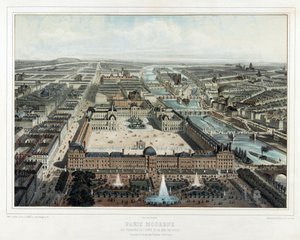 现代巴黎 - 杜乐丽花园，卢浮宫和Rue de Rivoli，取自杜乐丽花园（西北部），酒吧。 1850年（彩色石版画）