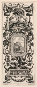 饰有花篮和花环的装饰板，选自 Livre de Diverses Grotesques peintes dans le Cabinet et Bains de la Reyne Regente, au Palais Royale 的第 10 版