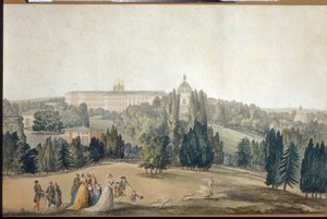 Tsarkoye Selo（圣彼得堡）的视图。 叶卡捷琳娜二世女皇（1729-1796）的散步。 （沙科耶村景色。叶卡捷琳娜二世女皇行走）。 米歇尔·弗朗索瓦·达曼·德马特赖特 (Michel Francois Damam Demartrait，1763-1827 年) 的作品，版画和水彩画。 法国艺术