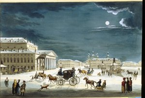 圣彼得堡帝国大剧院。米歇尔-弗朗索瓦-达马姆-德马特肖像（1763-1827 年）的作品，水彩彩色雕刻，约 1800 年。法国艺术