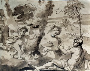 爱，一个牧羊人和一个若虫。 Michel Corneille (1642-1708) 的绘画 作者 米歇尔·德·塔佩斯特里斯科内尔