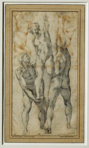 两个裸体男子抬起第三个人，约 1502-06 年... 作者 米开朗基罗（Michelangelo Buonarroti）