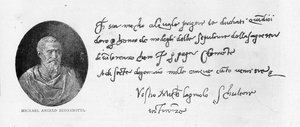 米开朗基罗Buonarroti的笔迹和签名（纸和笔墨水） 作者 米开朗基罗（Michelangelo Buonarroti）