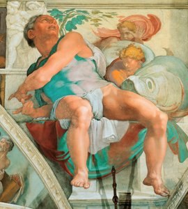 先知和西比人：约拿 梵蒂冈西斯廷教堂的天花板，1508-1512。 作者 米开朗基罗（Michelangelo Buonarroti）