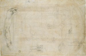一个人的手臂研究和一些建筑草图，约1490-1560年 作者 米开朗基罗（Michelangelo Buonarroti）