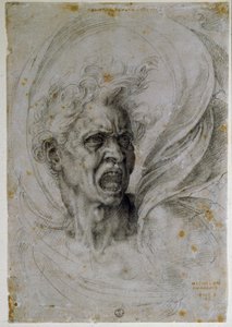 研究一个尖叫的人的头。 米开朗基罗·博纳罗蒂 (Michelangelo Buonarroti) 的绘画，被称为 Michel Ange 或 Michelangelo 或 Michelangelo (1475-1564)。 佛罗伦萨，乌菲齐博物馆（佛罗伦萨，乌菲齐版画和素描部）。 作者 米开朗基罗（Michelangelo Buonarroti）