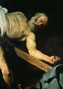 圣彼得在十字架上钉死，圣彼得细节，1600-01 作者 米开朗基罗·梅里西·卡拉瓦乔
