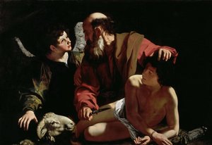 亚伯拉罕牺牲以撒，卡拉瓦乔，米开朗基罗（1571-1610）。 布面油画，约 1597-1599 年，尺寸：116x173。 芭芭拉·皮亚塞卡·约翰逊系列 作者 米开朗基罗·梅里西·达·卡拉瓦乔