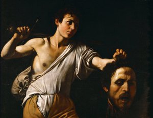 巴洛克：大卫 avec la tete de Goliath - 大卫与歌利亚的头，卡拉瓦乔，米开朗基罗（1571-1610），约。 1600. 木版油，90.5x116。 艺术史博物馆，维也纳 作者 米开朗基罗·梅里西·达·卡拉瓦乔