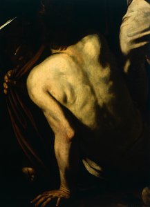 为裸体者穿衣，《慈悲圣母》或《慈悲七行》的细节，约1606-07年（布面油画）。 作者 米开朗基罗·梅里西·达·卡拉瓦乔