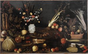 花卉和水果的静物--布面油画 约1590年 作者 Michelangelo Merisi da Caravaggio