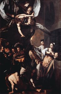 《悲惨世界》（Sette opere di misericordia）的七部作品。 Cimon 谴责在监狱中饿死他的女儿 Pero（罗马慈善机构）的乳房，而在背景中，一名男子手持火焰中的火炬取出尸体。 在顶部处女有 t 作者 米开朗基罗·梅里西·达·卡拉瓦乔