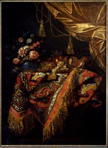 静物 水果和鲜花摆在桌布上。 米开朗基罗·坎皮多利奥 (1610-1670) 的绘画，17 世纪雷恩，美术博物馆。