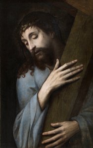 耶稣与十字架 - Peinture de Michiel Coxcie (Coxie, Coxien, De Coxien, De Coxcie, Coxius, Van Coxcie) (1499-1592), ca 1555 - 木头油彩, 81x50 - Prado Museum, Madrid