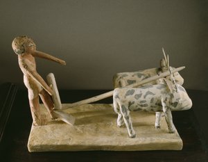 一个农夫的丧葬模型领导他的犁由两头牛画（漆木）