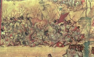 1519 年 10 月西班牙人和印第安人在乔卢拉市发生的战斗