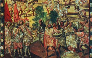 埃尔南-科尔特斯（Hernan Cortes，1485-1547 年）进入 Cempoal，接待向所有西班牙人赠送肉类和礼物的戈多酋长（Quauhtlaebana）的细节