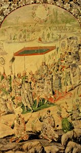 描绘Hernando Cortes（1485-1547）和Montezuma（1466-1520）之间遭遇的一对小组中的一个：Montezuma及其追随者，1698