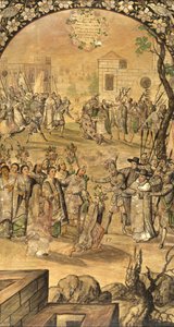 The Conquest of Mexico by Hernan Cortes par Gonzalez, Miguel and Juan (active End of 17th cen.). Oil on wood, size : 97x53