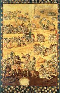 埃尔南多·科尔特斯（Hernando Cortes，1485-1547 年）和蒙特祖玛（Montezuma，1466-1520 年）之间的相遇，来自征服墨西哥的面板