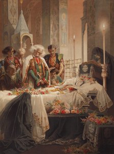 塔玛拉在棺材里。米哈伊尔·勒蒙托夫（Mikhail Lermontov）的诗歌《恶魔》插图c。 1880年 作者 Zichy的Mihaly