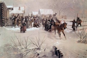 沙皇亚历山大二世 (1818-1881) 乘坐雪橇穿越雪下的村庄 水彩画 by Mihaly von Zichy (1827-1906) 19 世纪圣彼得堡，彼得夏宫城堡