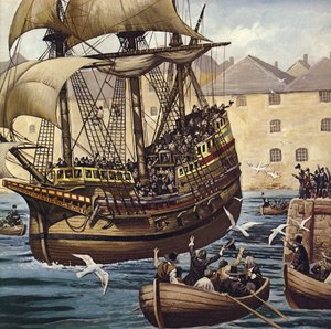 向西航行1620 年 9 月 16 日，"五月花号 "离开普利茅斯河（彩色石版印刷）。