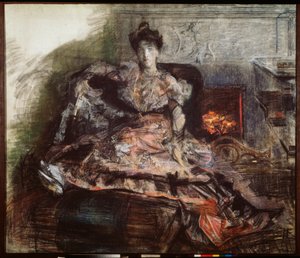 Apres le concert - Portrait de la cantatrice Nadezhda Zabela Vrubel (Zabela Vroubel, Zabela-Vroubel) (devant la cheminee dans une robe dessinee par Vrubel) (After The Concert - Portrait Of N Zabela-Vrubel At the Fireplace In A Dress Designed By Vrubel) - O 作者 米哈伊尔·亚历山德罗维奇·弗鲁贝尔