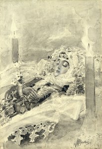 塔玛拉在棺材里。米哈伊尔·莱蒙托夫（Mikhail Lermontov），1890-1891年的诗歌插图 作者 米哈伊尔·亚历山德罗维奇·弗鲁贝尔