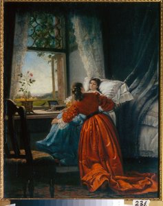 探望病人》（Visiting the Sick），一位妇女将一个小女孩抱到窗边的椅子上 - 米哈伊尔-彼得洛维奇，克洛特男爵（1835-1914 年）的油画，铜版 作者 米哈伊尔·彼得罗维奇·克洛特