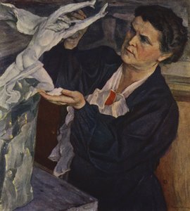 苏联雕塑家维拉·穆希娜 (Vera Mukhina) 的肖像（彩色石版画） 作者 米哈伊尔·瓦西里耶维奇·内斯特罗夫