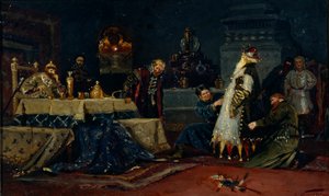 傻瓜外套。 Boyar Druzhina Andreyevich Morozov在《伊凡雷帝》前，1885年 作者 米哈伊尔·瓦西里耶维奇·内斯特罗夫