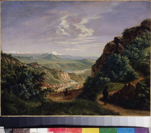 俄罗斯 Pyatigorsk 景观。米哈伊尔-尤里耶维奇-莱蒙托夫（1814-1841 年）的画作，布面油画