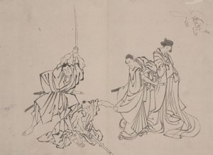 与狐狸在一起的人物，19世纪中期（纸上水墨）。 作者 Mimasu Mimasu