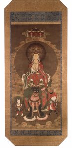 狮子上的马努居士菩萨》，14 世纪晚期（绢本水墨、彩色和金色颜料） 作者 明代中文学校