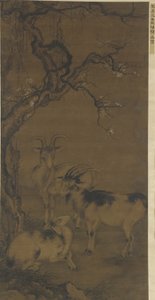 在开花的李子树下的三只山羊，16-17世纪