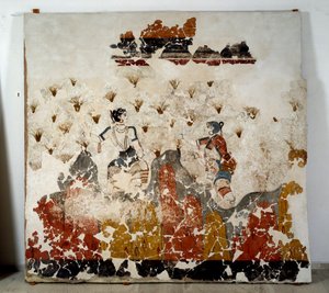 Minoan civilization: women picking saffron. Fresco from the lustral basin of Xeste 3 in Akrotiri (Thera), Santorini. Dim. 244x266 cm 16th century BC Santorini, Collection of the frescoes of Akrotiri a Thera
