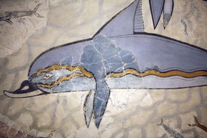 米诺斯艺术。 “海豚壁画”。 壁画装饰了女王 megaron 上方大厅的墙壁或地板。 根据在克诺索斯（公元前 1600 - 1450 年）发现的原始作品的碎片重建的壁画。 考古博物馆，伊拉克利翁，克里特岛。 作者 美浓